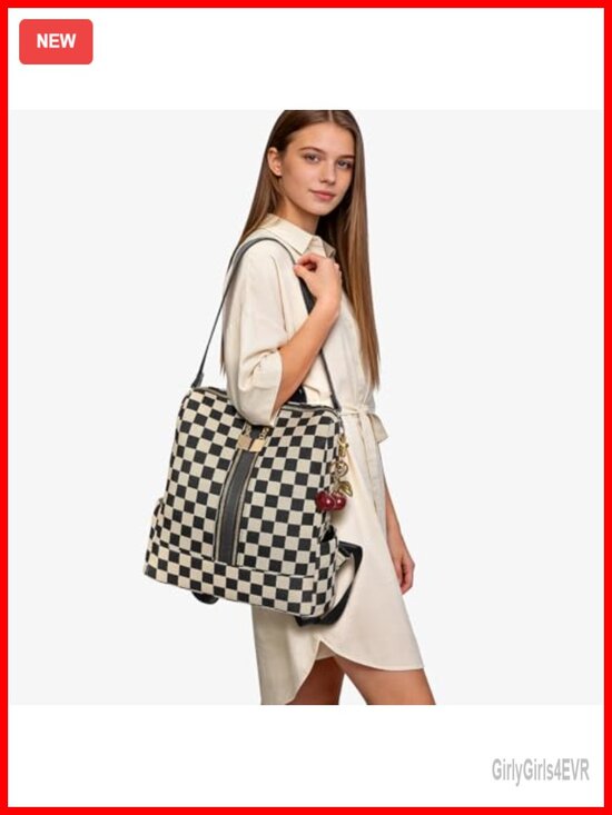 Canvas PU Ladies Backpack Purse with Cherry Pendant Work Travel Daypack